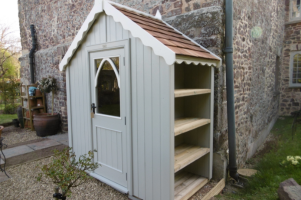 Painted Chelsea Shed with cedar roof